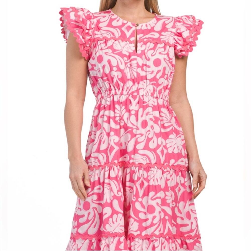 Sail to Sable Pink and White Ric Rac Tiered Ruffle Sleeve Midi Dress L - Picture 2 of 9